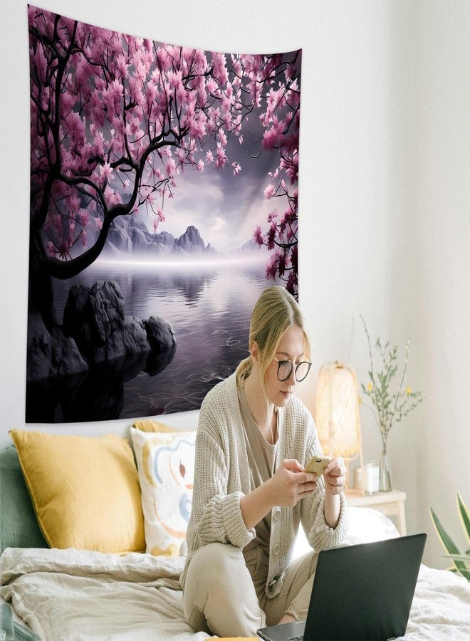 QGHOT Japanese Cherry Blossom Tapestry Wall Hanging Asian Anime Nature Mountain Wall Art Calming Lake Ocean Tapestries for Bedroom Living Room Decor 60x50in - Image 2